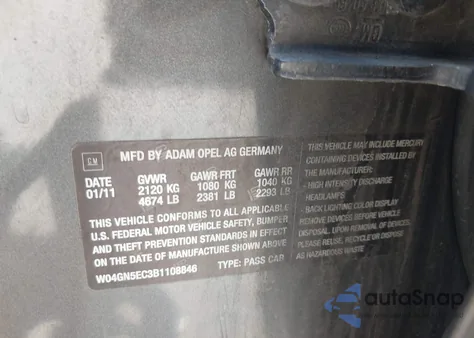 2011 Buick Regal Cxl Russelsheim z USA, uszkodzony, nr VIN W04GN5EC3B1108846